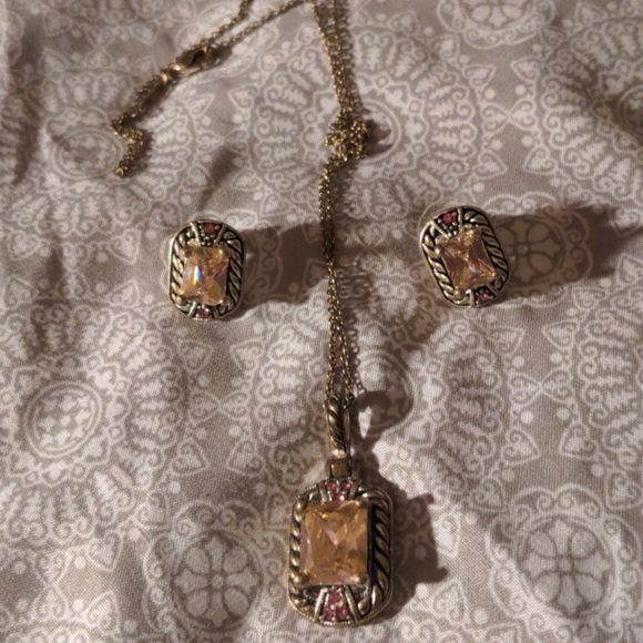 Pink Bezel Sterling Earrings Necklace Set - Picture 1 of 5